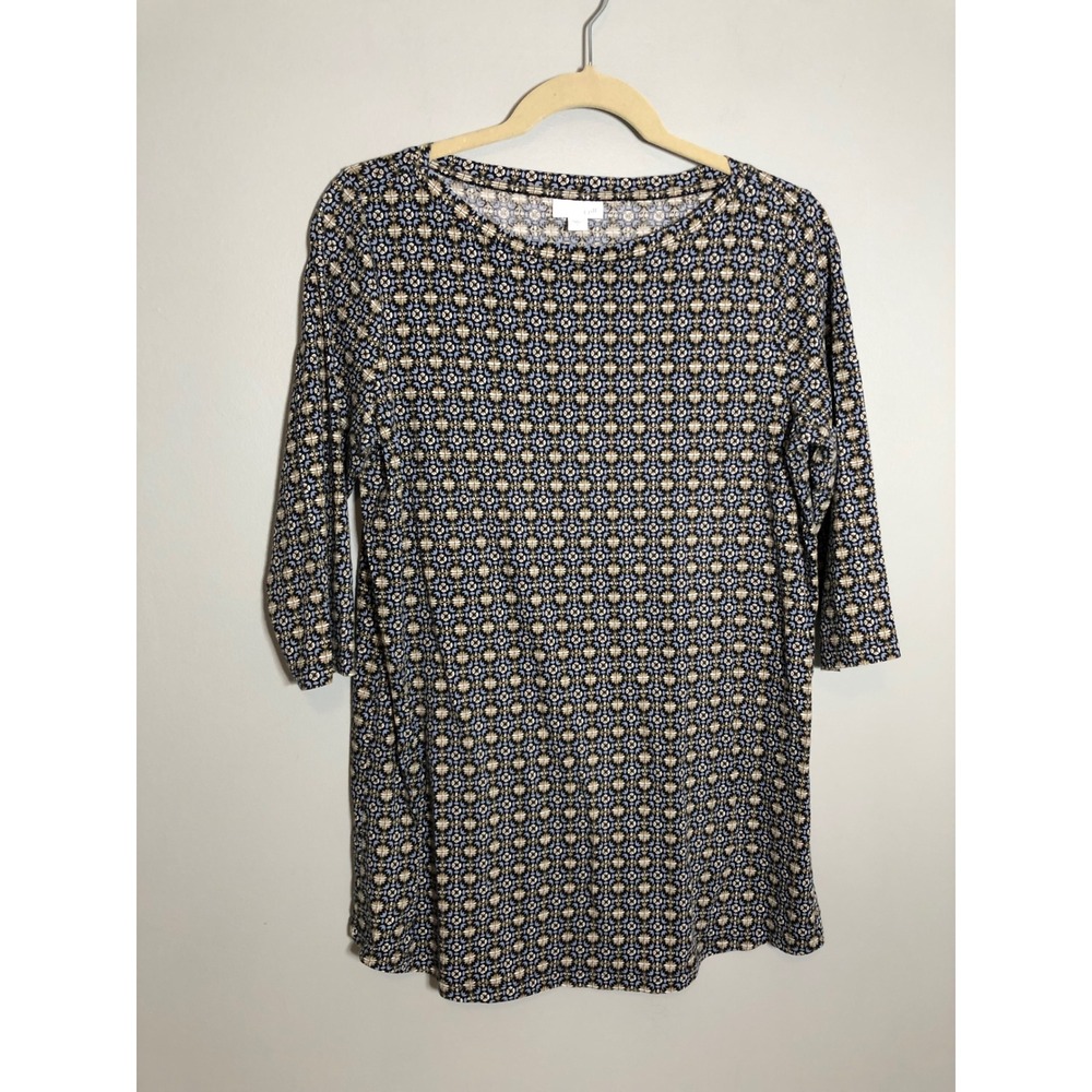 J. Jill Tunic Top Women S Blue Geometric Pima Cotton 3/4 Sleeve Scoop Neck